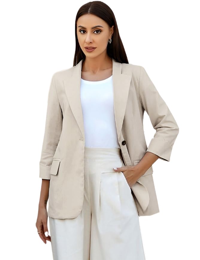 IDEALSANXUN Womens Linen Blazer Notch Lapel One Button Suit Coat Jackets2