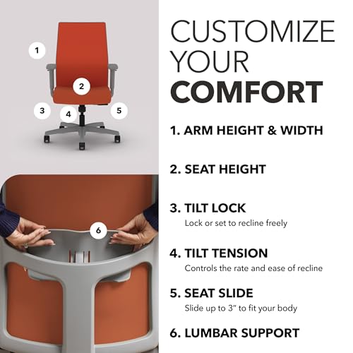 Image of HON Ignition 2.0 Mid‑Back Ergonomic Office Chair, Mesh Task Desk Chair with Lumbar Support, Standard Synchro‑Tilt, Height and Width Adjustable Arms, Titanium Frame, Salamander