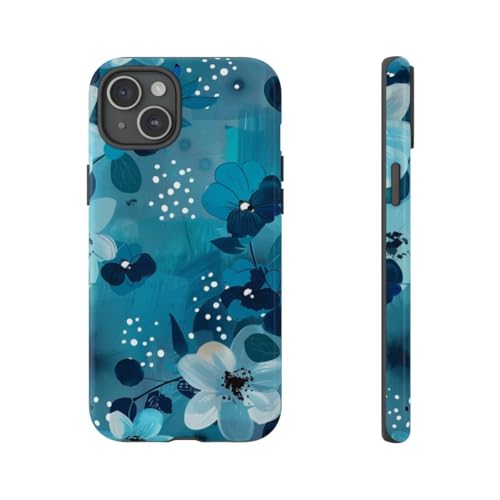 Coque iPhone 15 Plus motif floral à pois turquoise brillant effet laqué