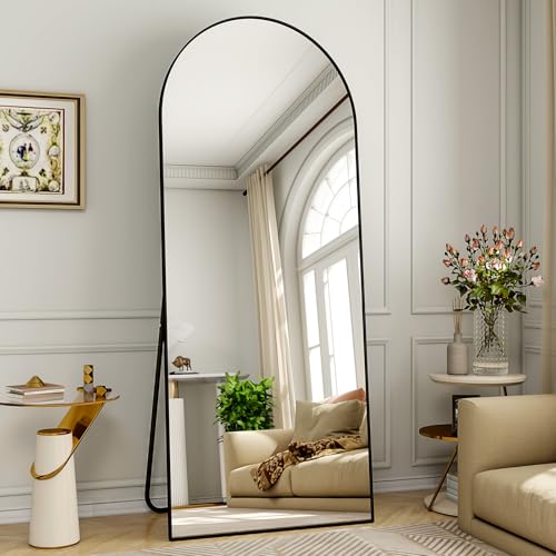 BEAUTYPEAK 165x60 cm Arched Full Length Mirror, Aluminum Frame, Standing Hanging or Leaning, Shatterproof, for Living Room Bedroom, Black