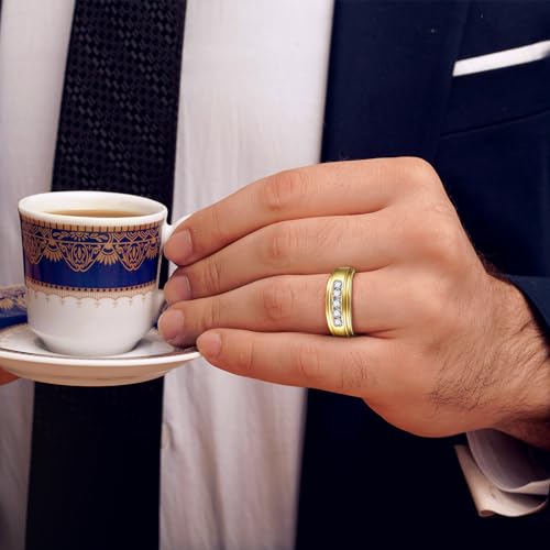 Mens Wedding Band 14K Gold/White Gold Plated Cubic Zirconia Rings for Men Engagement Rings Channel Set Classic Round Cut 8mm Promise Wedding Ring for Him Size 8-124