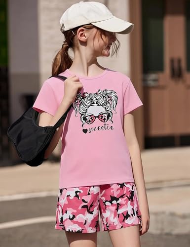 Image of mksodopy Girls Summer Clothse Graphic Print Front and Back High and Low Irregular T-shirt Cycling Shorts Set