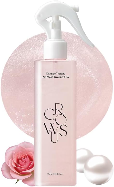 GROWUS Damage Therapy No-Wash Treatment - Leave-in Conditioner Spray & Heat Protectant for Dry Damaged Hair - Anti-Frizz Detangler with Pearl Protein, Softness & Radiant Shine, 8.45 fl.oz (Due Rose)