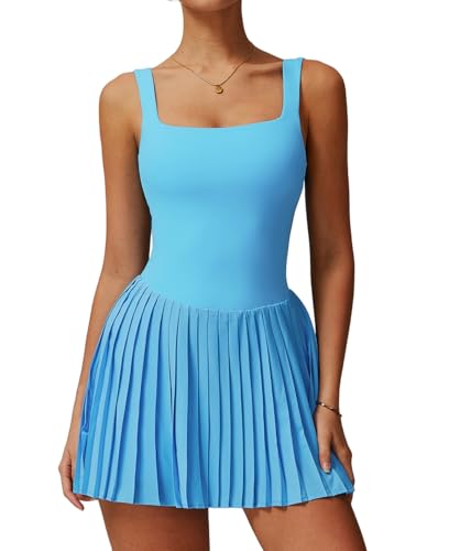 Womens Square Neck Tennis Dress Pleated Sleeveless Backless Built in Shorts Golf Athletic Dress with Pockets