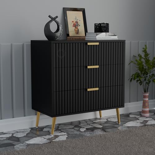 Image of Wooden Chest of Drawers with 3 Drawers | Dresser Console Storage Cabinet for Bedroom, Living Room, Office | Multipurpose Sideboard Organiser|HDMR Wood & Iron(Black & Gold)