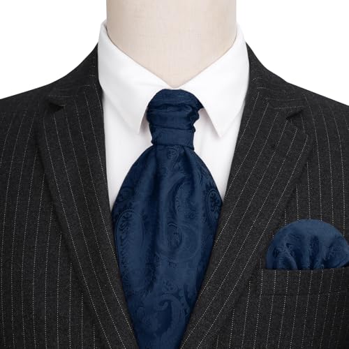 Image of HISDERN Ascot Ties for Men Paisley Floral Ascot and Pocket Square Set Classic Self Tie Mens Cravat Handkerchief for Wedding