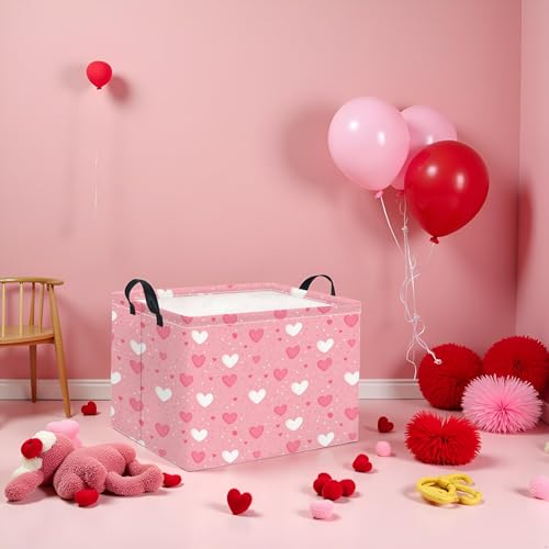 Image of Rectangular Valentines Basket Baby Girl Storage Bin Pink Basket Organizer Box Heart Room Decor(Pink Hearts)