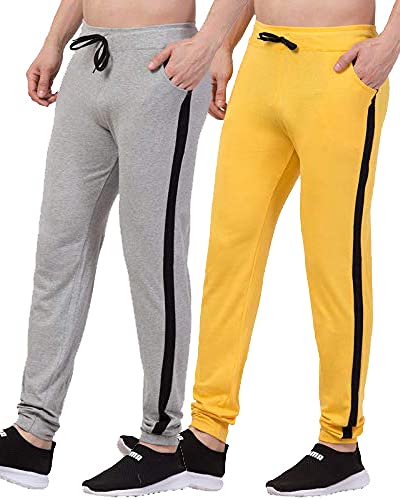 BLUECONMen's Regular Fit Trackpants Combo Pack of 2(Light Grey with Black Strip, Yellow with Black Strip)