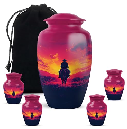 Image of Cowboy Urn - Large & Small Urns for Human Ashes Adult Male - Urn for Ashes for Women - Funeral Urns for Adult Ashes Women (Combo - 10 inch & 3 inch, 5 Pcs)
