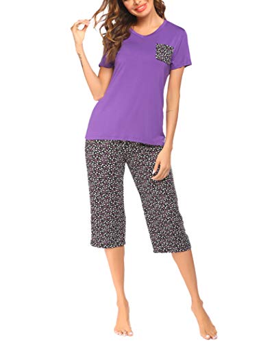 Hotouch Women's Prints Pajama Sets Short Sleeve Sets Tops with Capri Pants Sleepwear Sets Loungewear Purple S