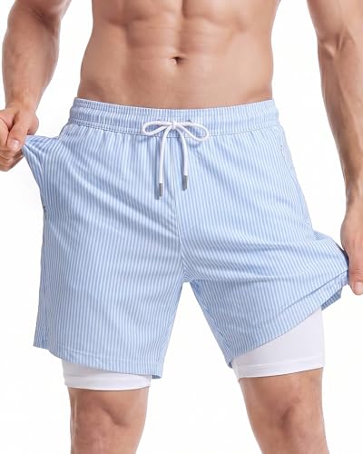 maamgic Homme Short de Bain 2 en 1 à séchage Rapide avec Doublure | Séchage Rapide Short de Natation décontracté Boardshorts avec Pantalon intérieur et Poche,Rayures - Bleu Clair,L