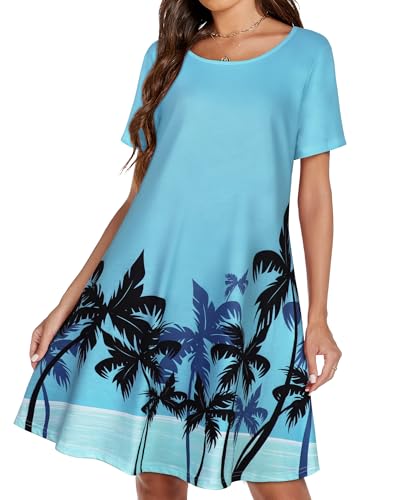 Image of Womens Summer Dresses Beach Casual Loose Tshirt Floral Short Sleeve Flowy Pockets Sundresses 2026