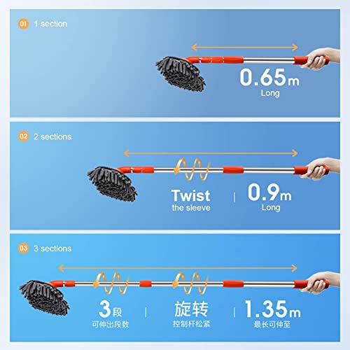 Image of Car Wash Mop with Long Handle, Telescopic Rotating Car Mop, Car Wash Brush Car Cleaning Brush Tool, Double Head Windshield Cleaner Caravan Accessories for Car Washing /Mopping /Glass Cleaning