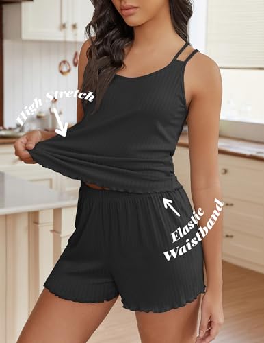 Ekouaer Womens Cami Pajama Sets 2 Piece Ribbed Knit PJs Tank Top and Shorts Set Lingerie Sleepwear3