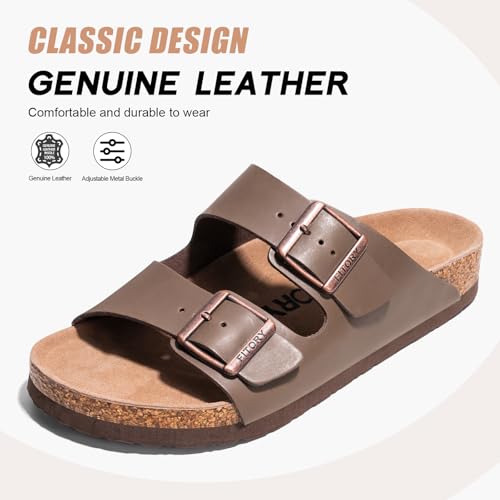 FITORY Mens Leather Sandals with Arch Support, Open Toe Slides Adjustable Buckles for Summer Size 7-132