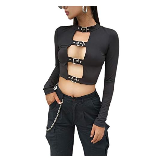 
                            jascaela Women's Sexy Hollow Out Long Sleeve T Shirts Solid Black Cutout Crop Tops with Buckle for Rave Club Dance Party
                        