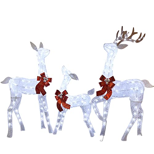 Lulu Home Christmas Yard Decoration, Set Of 3 Pre-Lit White Reindeer With 265 Leds White Lights, 3D Light Up Glittered Standing Reindeer Family For Xmas Lighted Holiday Display Indoor Outdoor #TOP6