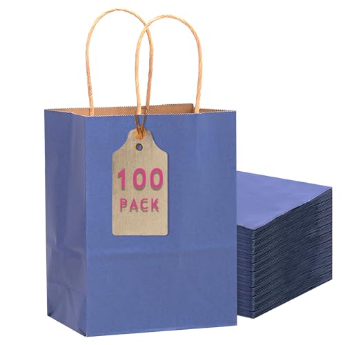 qiqee 100PCS Gift Bag with Handles Bulk Kraft Deep Blue Paper Bags Multiple Uses (11"x5"x8"inch Medium Size)
