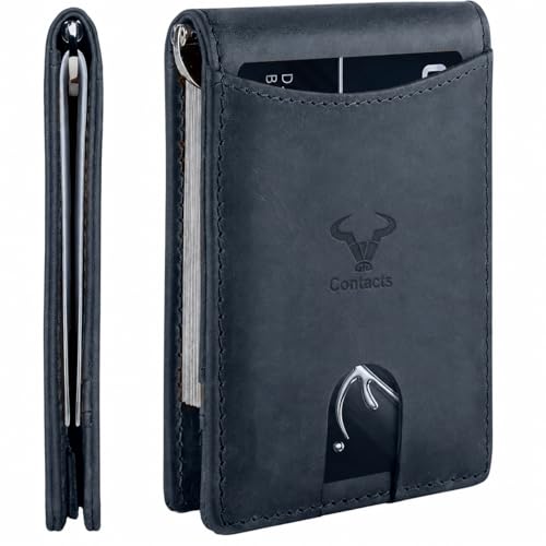 Image of Contacts Genuine Leather Money Clip Wallet Slim Front Pocket RFID Blocking Card Holder Minimalist Mini Bifold for Men's with Smart Pull Strap 8 Card Slots Photo ID (Blue)