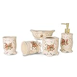 YALONG 5-Piece Red Rose Floral Ceramic Bathroom Accessory Set, Includes Soap/Lotion Dispenser, Toothbrush Holder, Tumbler, and Soap Dish