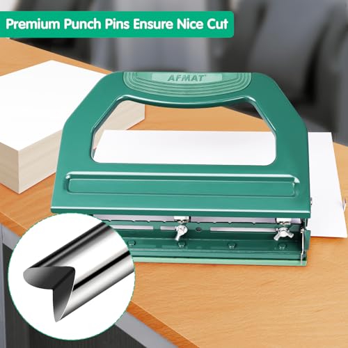 Image of AFMAT 3 Hole Punch Heavy Duty, 9 /32 inch Holes, 50-Sheet Hole Puncher 3 Ring, 50% Reduced Effort, Adjustable Two & Three Hole Punch, Metal Paper Puncher w /Large Chip Tray, Metal Paper Guide, Green, HP18
