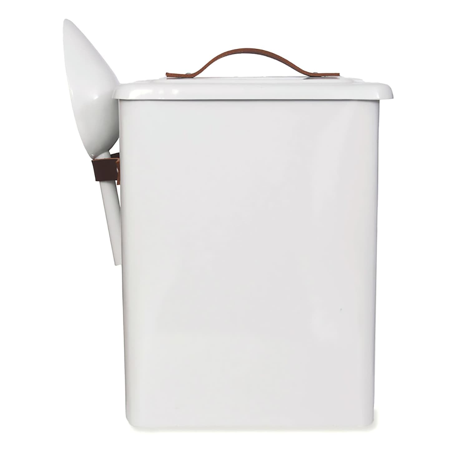 CKB LTD Caja de almacenamiento de alimentos para mascotas mediana con cuchara para perros y gatos y animales de metal, con tapa sellada, mango de cuero, hecho de acero de giza, 7 kg: 34 x 25 x 19 cm