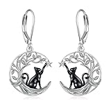 POPLYKE Pendientes de gato negro para mujer, plata de ley 925, luna y gatos, joyas divertidas, pendientes de animales, árbol de la vida, joyas
