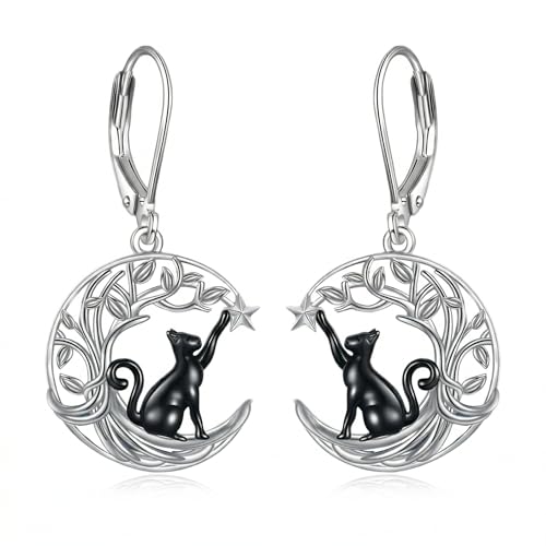 Boucles d'oreilles chat noir femme argent 925 lune arbre de vie