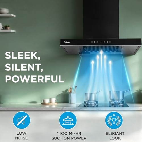 Image of Midea 75 cm 1400 m3 /hr Filter-less, Autoclean, Motion Sensor, T Shape kitchen Chimney with 2 Yrs Product and 10 Yrs Motor Warranty, Free Installation Kit (Falcon Auto Clean), Black
