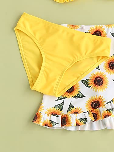 Oyoangle Girl's 3 Piece Floral Print Twist Front Frill Trim Bikini Swimsuit With Beach Skirt Yellow 160 #TOP4