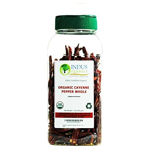 Indus Organics Cayenne Pepper Whole (40,000 SHU), 3 Oz Jar, Steam Sterilized, Premium Grade, High Purity, Freshly Packed Cover
