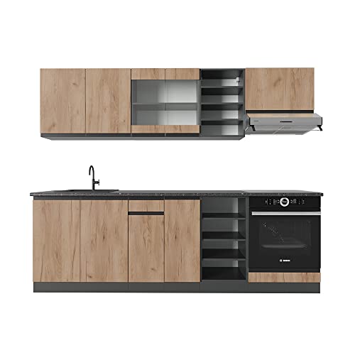 Vicco Küchenzeile R-Line, Küchenblock, Goldkraft Eiche/Anthrazit, 240 cm J-Shape