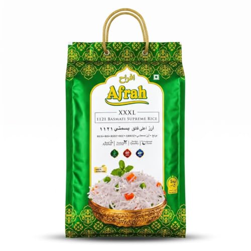 Afrah XXXL 1121 Supreme Basmati Rice - Extra Long Grain - 5 kg Pack, Best for Biryani, Pulao, fried rice, Rice Bowls and Rice Pudding