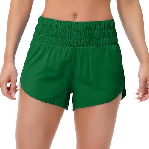 MCEDAR Womens High Waisted Running Shorts Elastic Mesh Liner Dolphin Athletic Gym Workout Shorts with Zipper Pocket Green,M