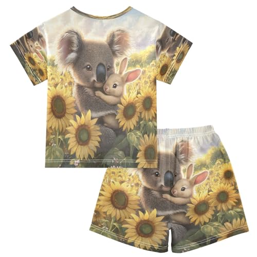 ALAZA Koala Rabbit Bunny Sunflower Blossom Pajamas Set Short Sleeve Cotton Sleepwear Summer Pjs 2 Piece 5-14Y2