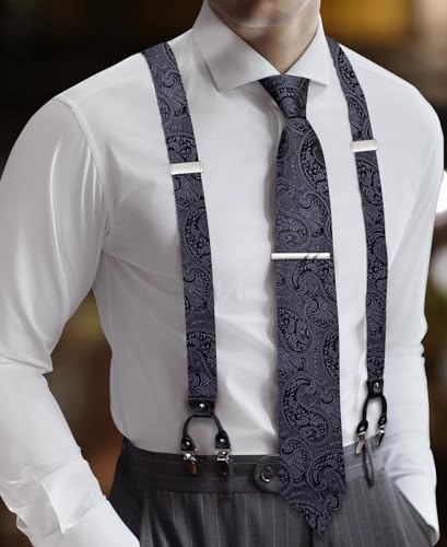 Image of Barry.Wang Men Suspender Set with Necktie Elastic Y Type Heavy Duty 6 Clips Braces Tie Handkerchief Cufflink Pin 6PCS