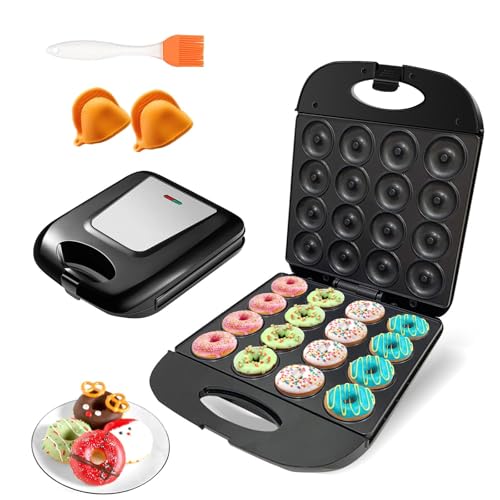 Image of 2026 Mini Donut Maker Machine for Home, Kid-Friendly 16-Hole Electric Doughnut and Pancake Maker with Non-Stick Surface, Ideal for Homemade Doughnuts (Black with Mini Oven Gloves & Brush)