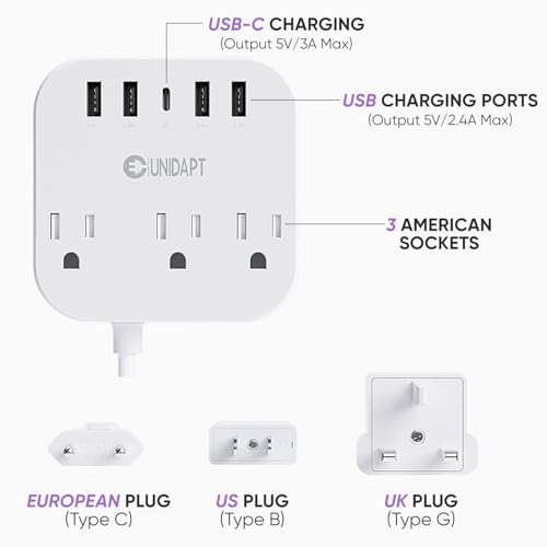 European Plug Adapter, Unidapt US to UK Europe Power Strip for EU/UK/US with USB C and 4 USB Ports, 3 AC Outlets, Wall Mountable, 5ft Extension Cord, for Travel Cruise Ship Home
