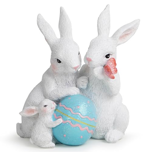 Hodao Easter Bunny Family Decorations Spring Easter Rabbit Decor Bunny Gifts Tabletopper Decorations for Easter Party Home Holiday Cute Rabbit Easter Day Decorations (Family-Egg-White)