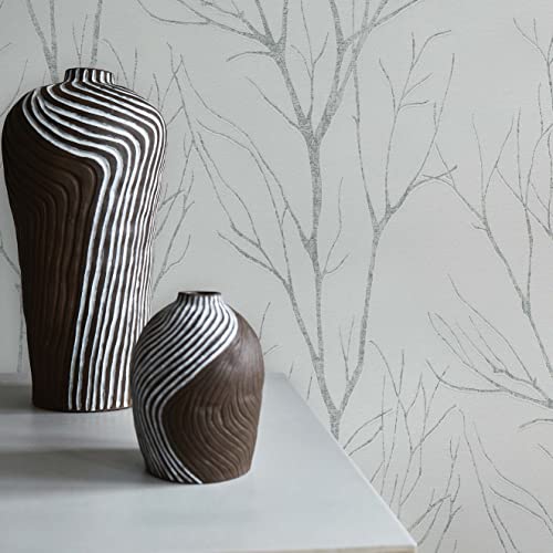 TADESSI Carta da parati con alberi e foglie Aurora M1-No.1323, carta da parati in tessuto non tessuto, colore bianco, grigio, naturale, per soggiorno, camera da letto, cucina