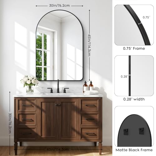 Image of BONEWEI Arched Wall Mirror,30x45 inch Black Arched Mirror Bathroom,Vanity Mirror for Over Sink Metal Frame,Tempered Glass Arch Mirrors for Bedroom,Entryway,Living Room,Home Decor Shatter-Proof
