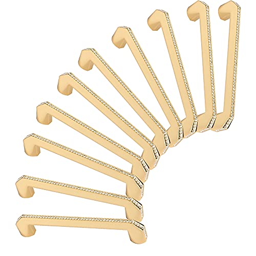 LANC Crystal Cabinet Knobs and Pulls Modern Drawer/Furniture Handles with Screws All Metal Stylish Shiny Kitchen Hardware 10 Pack, Gold, B201G128-P10