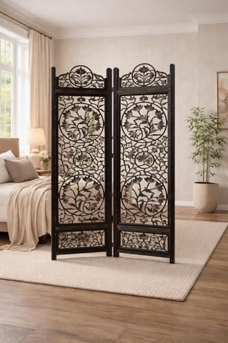 Image of Wooden Room Divider Decorative Foldable Privacy Screen Hand Carved Partition for Living Room Bedroom Office Decor (6 Feet 2 Panel Dark Brown Each Panel Size 72X20 Inch)