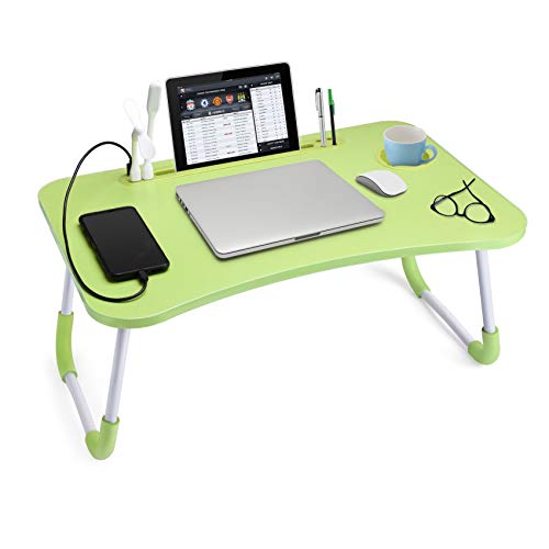 Image of Slendor Foldable Lap Desk with Cup Holder for Bed, Couch, Floor | Portable,with USB Light, Fan, Pen Holder,Tablet Holder,for Laptop,Writing,Eating, Green