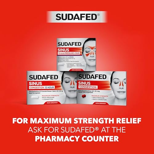 Sudafed PE Sinus Congestion Relief Tablets, Maximum Strength, Non-Drowsy 10 mg Phenylephrine HCI Decongestant for Sinus Pressure & Nasal Congestion Relief, Due to Cold or Allergies, 36 ct