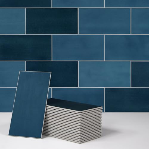 SUNWINGS 100-Sheet Subway Peel and Stick Backsplash Tile, 6" x 3" Blue Mixed Stone Composite Handmade Looks Self Adhesive Waterproof Wall Tile, Stick on Tiles for Kitchen Bathroom Shower Fireplace by sunwings - Used condition - US$52.41