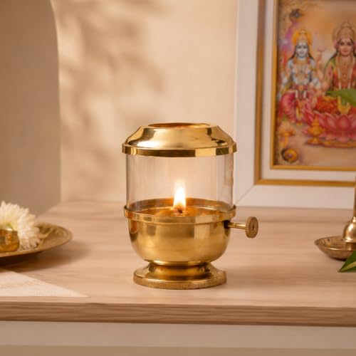 Image of Klassic 6 Inch Pure Brass Akhand Jyoti Diya with Glass Cover & Adjustable Bati Knob | Traditional Oil Lamp with Wick Lifting Screw Lever for Home Temple, Pooja Room, Diwali, Navratri & Daily Puja