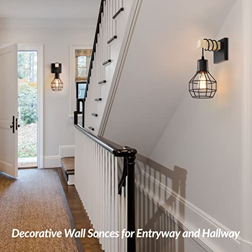 Farmhouse Wall Light Fixtures Set Of 2, Industrial Wall Sconces For Hallway, Rustic Black Wall Mount Lamp, Indoor Vintage Bedside Cage Lighting For Stairway Bathroom Entryway Living Room Bedroom #TOP5
