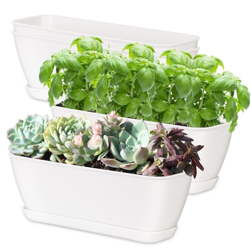 4-Piece White Rectangular Window Sill Planters with Drainage