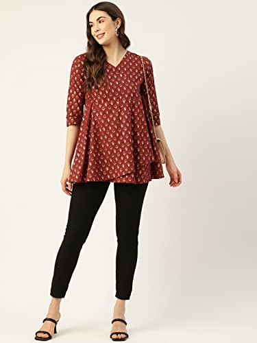 Image of feranoid Floral Print Angrakha 3 Sleeves Flared Kurti